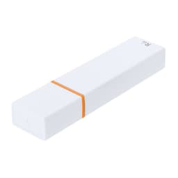 A white highlighter with an orange band, featuring a rectangular design and a branding logo.