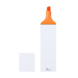 A highlighter with an orange cap and white body, featuring a simple design and a logo.