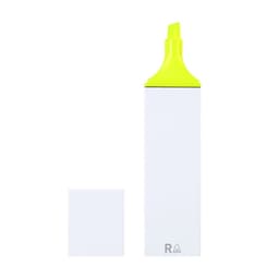 A highlighter with a bright yellow tip and a sleek white body, accompanied by a small square. It has a logo on the side.