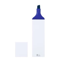 A highlighter in blue with a chisel tip, accompanied by a small square sticky note, featuring branding.