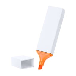 A highlighter with a rectangular white body and an orange tip, accompanied by a matching cap.
