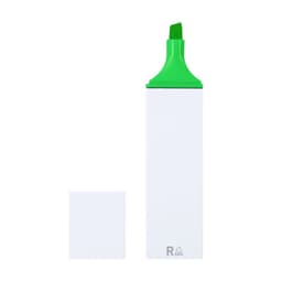 A highlighter in white with a bright green cap and tip, featuring a logo on the side.