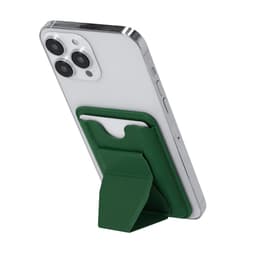A phone with a green business card holder attached, featuring a foldable stand. The design is sleek and modern.
