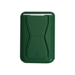 A green business card holder with a sleek, minimalist design and a logo on the front.