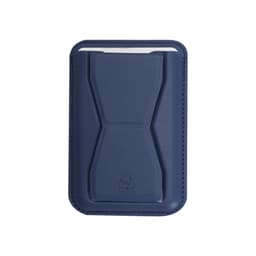 A navy blue business card holder with a sleek design and a logo on the front.