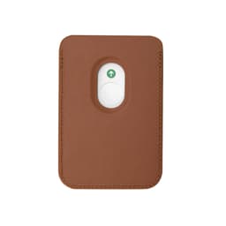 A brown leather business card holder featuring a button mechanism and a logo on the front.