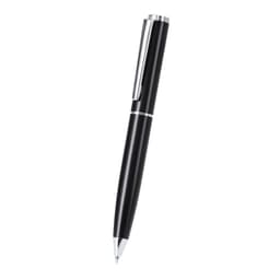 A black pen with a sleek design and silver accents. The pen features a clip and a branding logo.