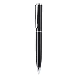 A black pen with silver accents and a clip, featuring a sleek design and a polished finish.