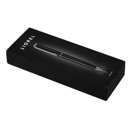 A black pen in a sleek black box featuring a logo.