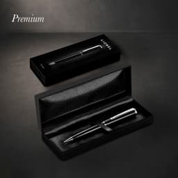 A sleek black pen presented in a luxurious black box, featuring a subtle logo on the pen.