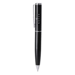 A sleek black pen with a silver clip and branding on the barrel.