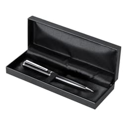 A sleek black pen housed in a black presentation box with a satin interior and a silver accent.