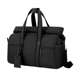 A black Velor Bag featuring multiple compartments, handles, and an adjustable shoulder strap. It has a logo on the surface.