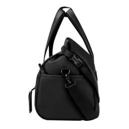 A black velor bag with adjustable straps and a curved silhouette, featuring a side pocket and a logo.