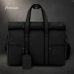 A black velor bag with multiple pockets and a detachable strap, featuring a luggage tag.