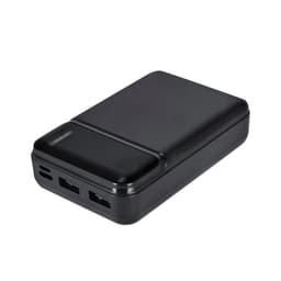 A portable power bank in sleek black, featuring multiple USB ports and a textured surface.