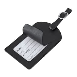 A black luggage tag with a transparent window for information and a leather cover, featuring a strap for attachment.