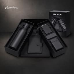 A black drink bottle and accessories presented in a sleek black gift box. The box features a logo.