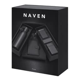 A black gift box containing a drink bottle, wallet, power bank, and phone case, featuring a logo on the bottle.