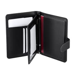 A black leather wallet featuring multiple card slots, a transparent ID pocket, and a pen holder.