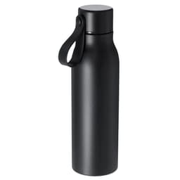 A drink bottle in matte black with a sleek design and a handle for easy carrying. It features a logo on the surface.