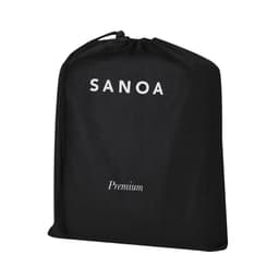 A black storage bag containing the Sanoa Blanket, featuring a logo on the front.
