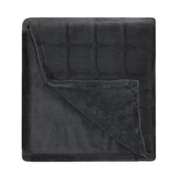 A soft grey quilted blanket folded neatly, featuring a plush texture on one side and a smooth finish on the other.