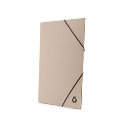 A beige office folder with an elastic closure and a recycling logo, made from eco-friendly materials.