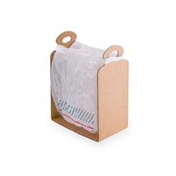 A cardboard holder with two handles, containing a white plastic trash bag.