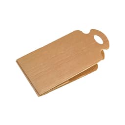 A brown cardboard product holder with a cut-out handle and a foldable design. It features a logo.