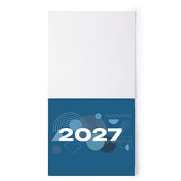 A blue and white magnetic calendar for the year 2027, featuring geometric patterns and a branded logo at the top.