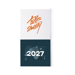 A magnet calendar featuring a white top section with orange text and a dark teal bottom section displaying "2027".