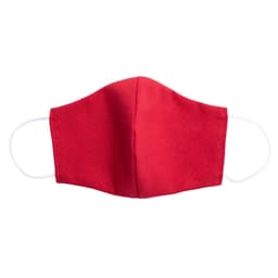 A red reusable hygienic face mask with white ear loops, featuring a simple design. It has a logo present on the mask.