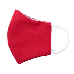 A red reusable hygienic mask with white ear loops and a contoured shape for a snug fit. It features a logo.