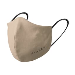 A beige reusable hygienic mask with black ear straps and a logo on the side.
