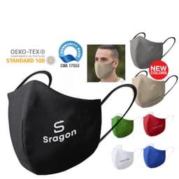 A reusable hygienic mask in various colours, including black, grey, red, green, and blue, featuring a logo.