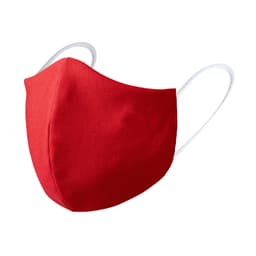 A red reusable hygienic mask with elastic straps and a smooth fabric finish, featuring a logo.