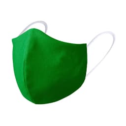 A green reusable hygienic mask with white ear straps and a simple design. It features a logo on one side.