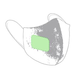 A reusable hygienic mask in grey with a green display area, featuring ear loops and a logo.