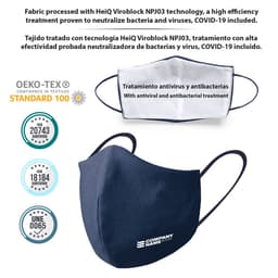 A dark blue reusable hygienic mask with a logo and a white mask featuring antibacterial treatment details.