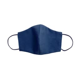 A navy reusable hygienic mask with ear loops and a simple design. Features branding on the side.