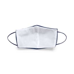 A white reusable hygienic face mask with navy blue detailing and ear loops, featuring a logo.
