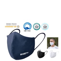 A navy reusable hygienic mask with ear loops and a logo, alongside black and white mask options.