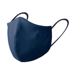 A navy blue reusable hygienic mask with ear loops and a smooth fabric texture. It features a branding logo.