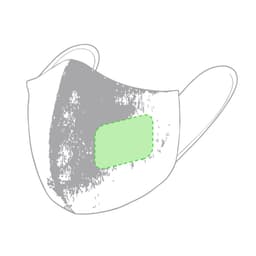 A grey reusable hygienic mask with a green accent patch and adjustable ear loops, featuring a logo.