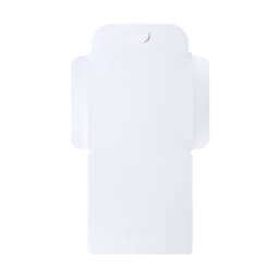 A white promotional bag with a flap design and cut-out handle, featuring a logo on the front.