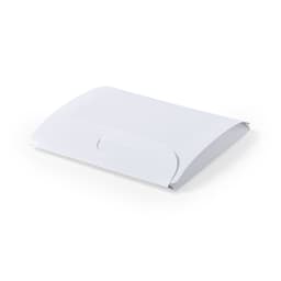 A white, curved, envelope-style bag with a flap, featuring a logo on the front.