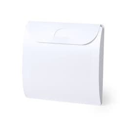 A white, foldable bag with a rounded flap and handle. The bag features a logo on the front.