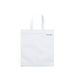 A white tote bag with two handles and a branding logo on the side.