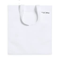A white tote bag with two handles, featuring a logo and made from 70% recycled material.